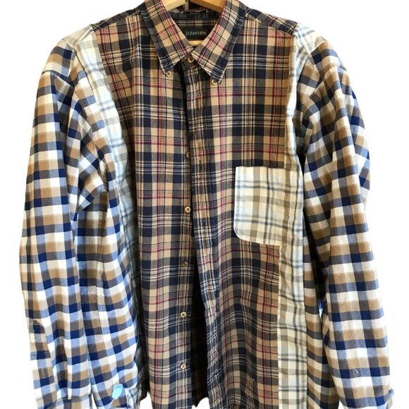 Mixed Print Button-Down Shirt, M-L: Upcycled Boho Patchwork Top, Autumn Colors - Picture 10 of 12